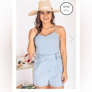 Pink Lily Belted Denim Romper MEDIUM